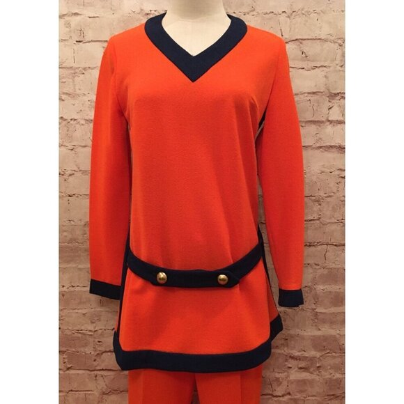 Vintage Sacony 2 pc Pantsuit Orange Navy Blue Mod Tunic + Pants Retro 60’s/70’s - Picture 2 of 6